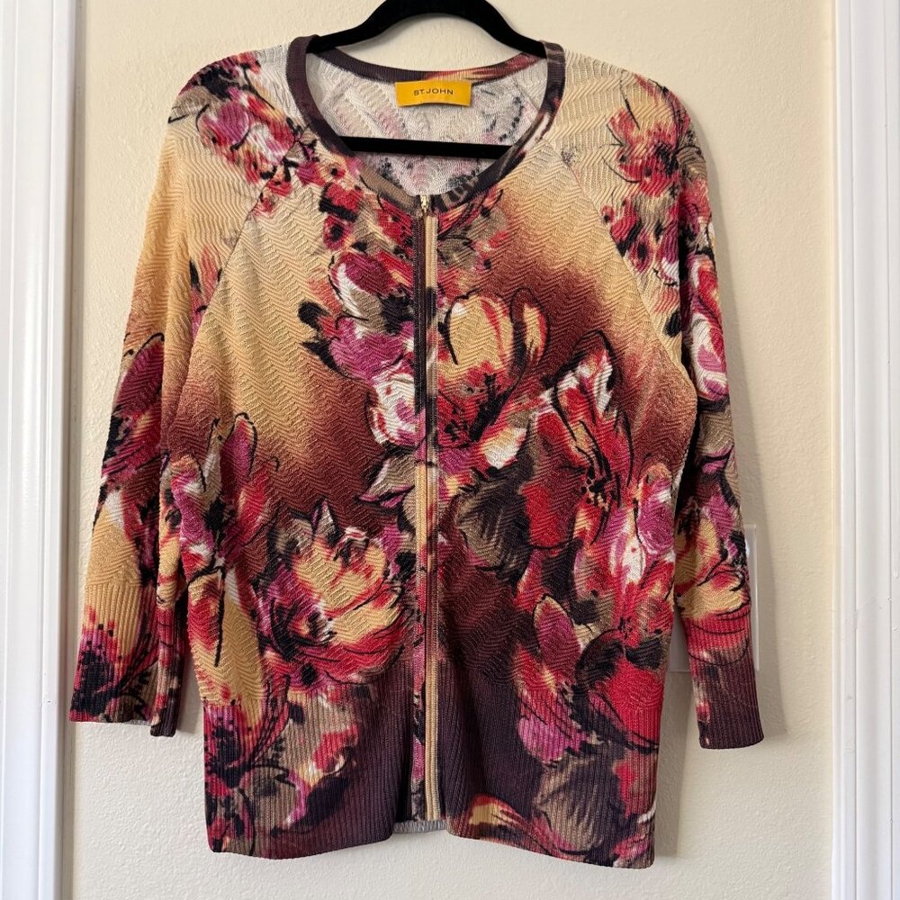 St. John Women's Floral Long Sleeve Full Zip Cardigan Sz Large *notes*